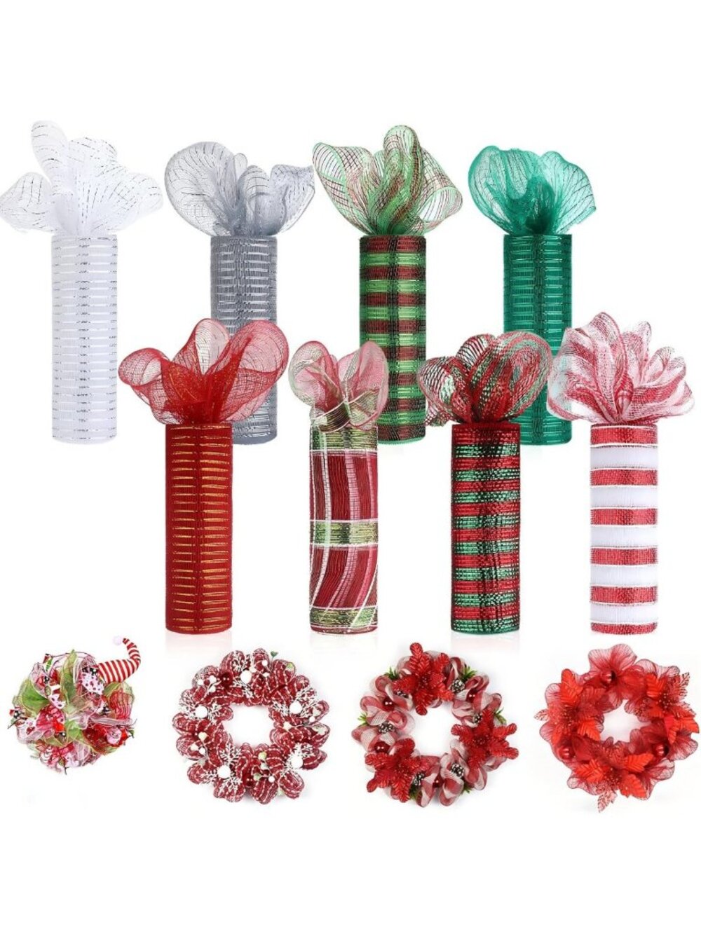 8 Rolls Christmas Deco Mesh Ribbon for Wreaths, 10" x 30' - Holiday Craft